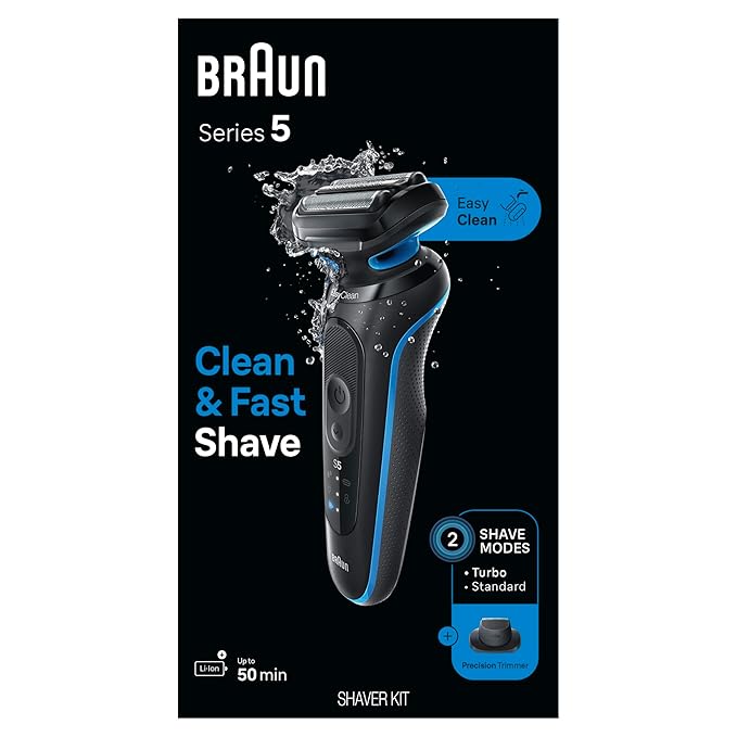Braun Electric Shaver for Men, Series 5 5118s, Waterproof, Wet & Dry Shave, Turbo Shaving Mode, Foil Shaver with Precision Trimmer, Battery Powered, 50 Minute Battery Runtime