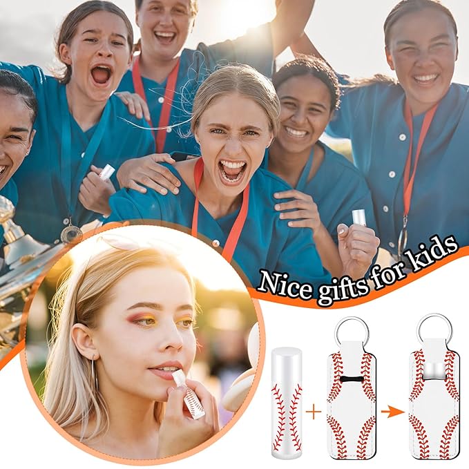 18 Sets Party Favors Lip Balm and Lipstick Holder Keychain Bulk Sport Ball Team Gifts Natural Moisturizing Lip Balm Keychains Pouch for Team Gifts Sports Party Supplies(Baseball)