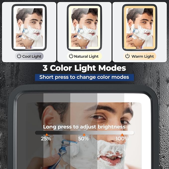 Shower Mirror Fogless for Shaving, Anti Fog Bathroom Mirror with Light, Heated Fog Free Shaving Mirror, 5000mAh Rechargeable Battery with 2 Razor Holders & Storage Tray, 3-Color Dimmable