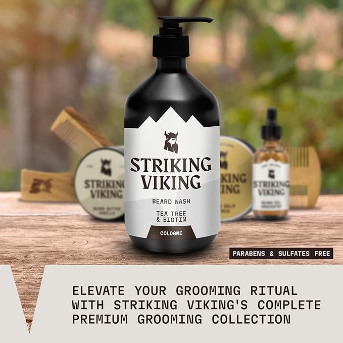 Striking Viking Beard Wash - 17 oz, Natural Tea Tree & Biotin - Cologne Scent Beard Shampoo Paraben & Sulfate Free For Men - Deep Cleansing and Care