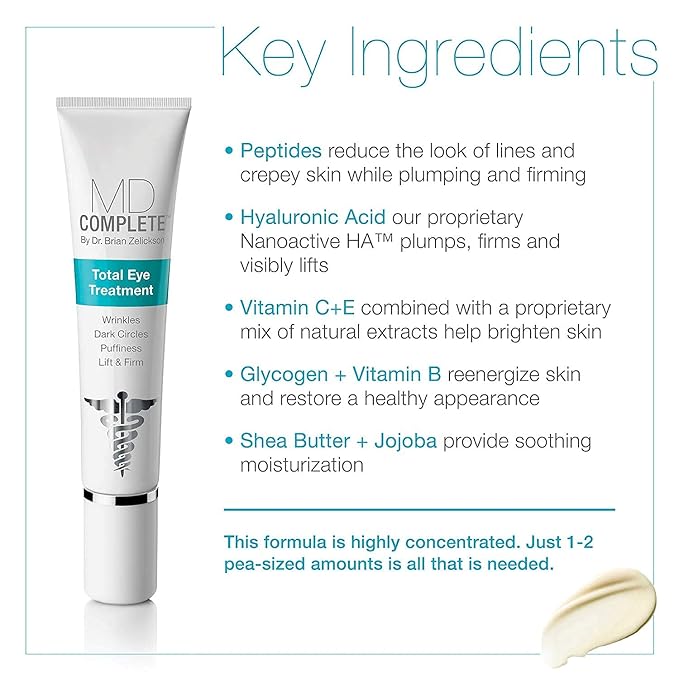 MD Complete Total Eye Treatment | Anti-Aging Hydrating Skin Renewal Eye Treatment | with Peptides, Vitamins C & E and Hyaluronic Acid for Wrinkles, Fine Lines and Crows Feet 0.5 fl oz