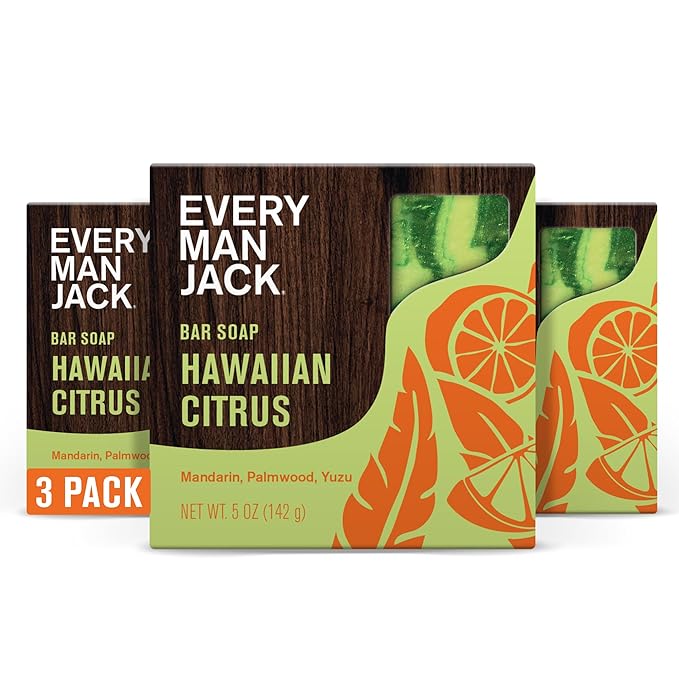 Every Man Jack Cold Processed Mens Bar Soap - Hawaiian Citrus Scent - Deeply Cleans & Hydrates w/Naturally Derived Ingredients - (3 Pack)