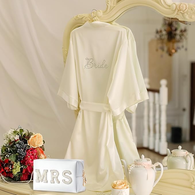 Bride To Be Gift Set - Makeup Bag, Slippers, Robe, Hair Clip - Wedding Gifts