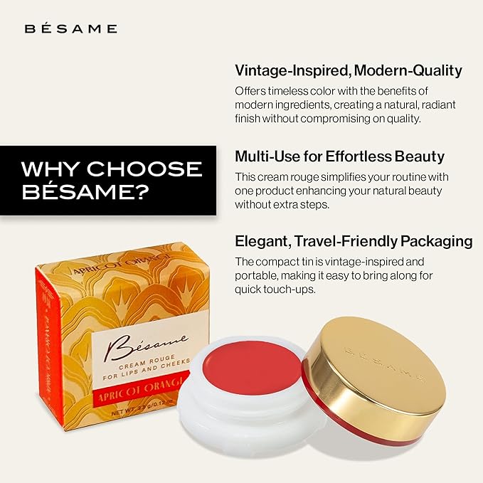 Besame Cosmetics | Apricot Cream Rouge - 1938 | Cream Blush for Cheeks + Lips with Long Wearing Matte Finish | Vintage Makeup in Reusable Tin | 2-in-1 Lip and Cheek Tint | Vegan Makeup Blush