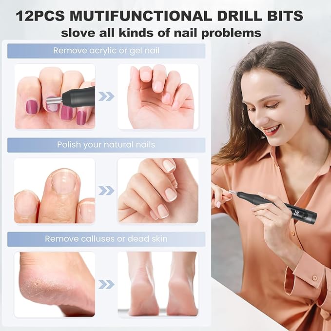 Professional Nail Drill Cordless, 35000RPM Touchscreen Portable Efile Nail Drill Kit with LCD Display for Manicure Pedicure Polishing, Foot Nail Grinder Electric Nail File Set for Home, Salon, Travel