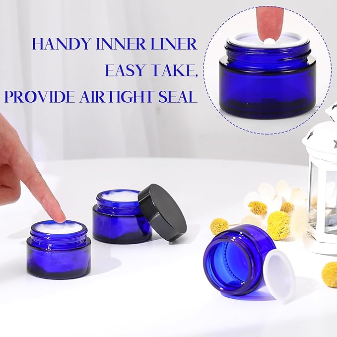 Domensi 60 Pcs 1oz Glass Jars with Lids Bulk Salve Tins Small Glass Candle Cosmetic Jars for Travel with Inner Liners Containers for Lotions Sample Cream(Cobalt Blue, Black Lid)