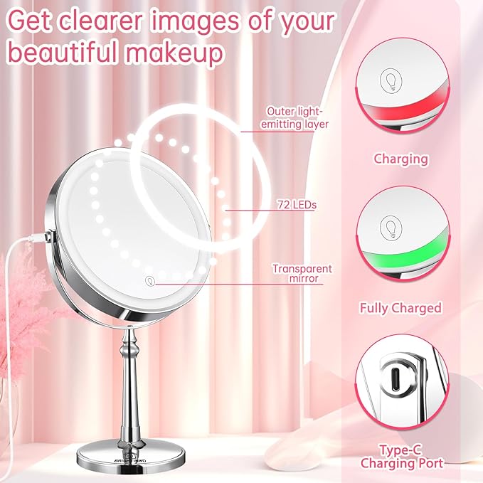 9" Large Lighted Makeup Mirror, 1X/10X Magnifying Mirror with Lights, 360 Rotate Touch Screen Vanity Light up Mirror with 3 Color Lights, Brightness Adjustable