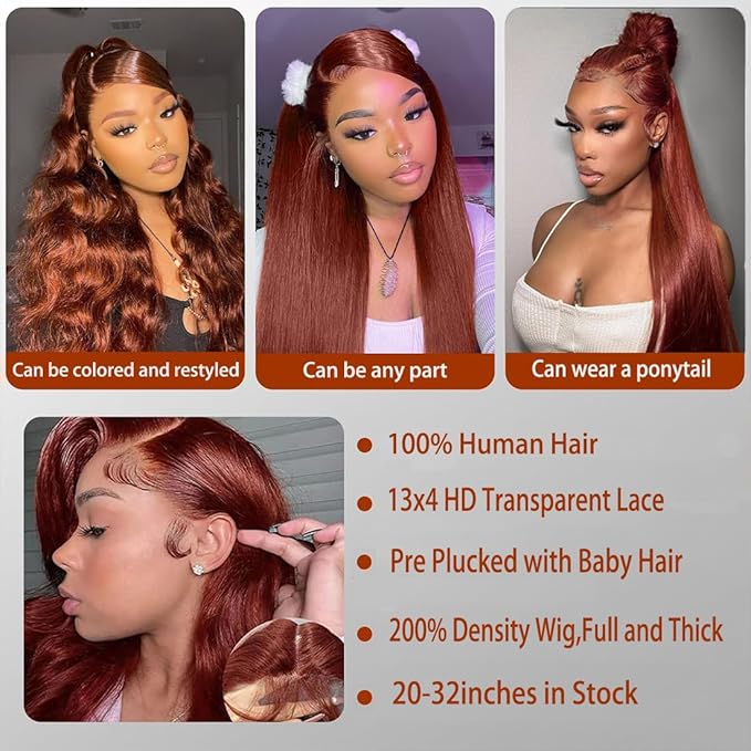 13x4 HD Lace Front Wigs Human Hair Reddish Brown Brazilian Unprocessed Straight Human Hair Lace Frontal Wig with Baby Hair Auburn Copper Colored Glueless Wigs for Women (Reddish Brown,26 Inch)