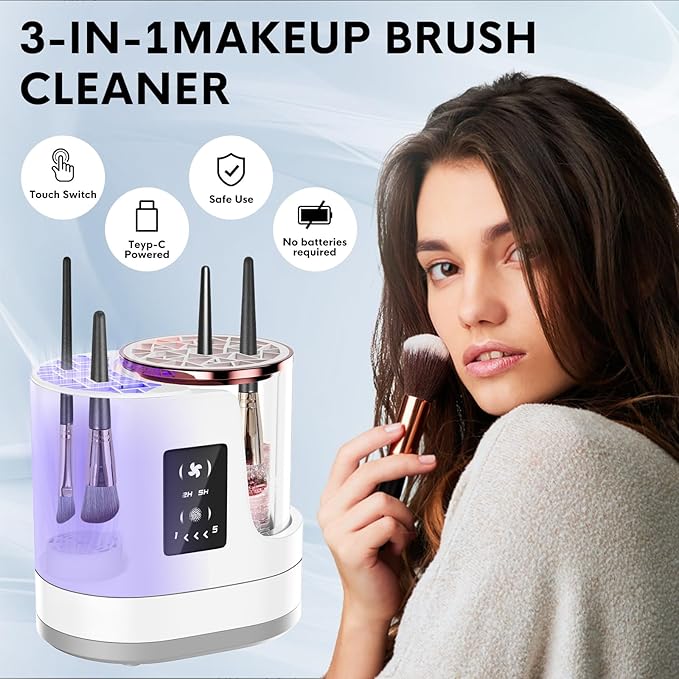 3 IN 1 Electric Makeup Brush Cleaner,Automatic Makeup Brush Cleaner with Makeup Brush Dryer,Portable USB Deep Cleaning for All Size Beauty Makeup Brush Set,Blush Brush,Sponges