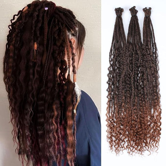 24 In 30 Strands Boho Dreadlock Extensions, Ombre Auburn Synthetic Curly Dreads Extensions with Box Braid, 100% Handmade Dreads Hippie Style Dreadlocks for Woman