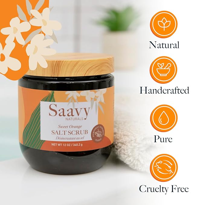 Savvy Naturals Sweet Orange Scrub Pack - Invigorating Orange Scented Salt Scrub Body Exfoliator, Vegan Body Care Gift Set