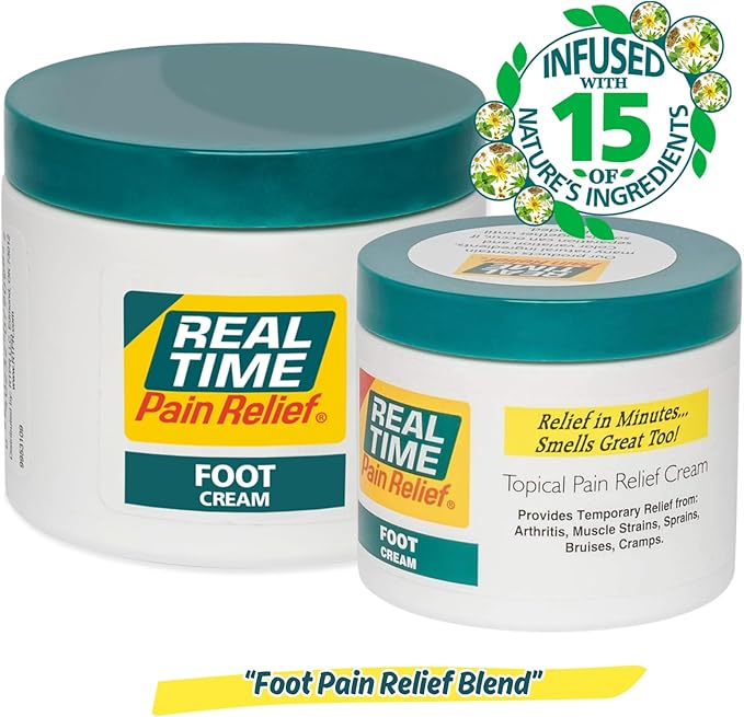 Real Time Pain Relief Foot Cream - 6oz Jar | Advanced Relief for Foot Pain, Muscle Strains, and Arthritis |15 Natural Ingredients Including Eucalyptus, Tea Tree Oil, Menthol, Vitamin E, and Emu Oil