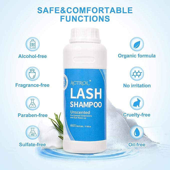 Eyelash Shampoo Cleanser 500ml, Natural Plant Ingredients, 17 Fl Oz, Shampoo Salon and Home Care, Cleansing, Alcohol Free, Paraben Free, Unscented Hydrosol