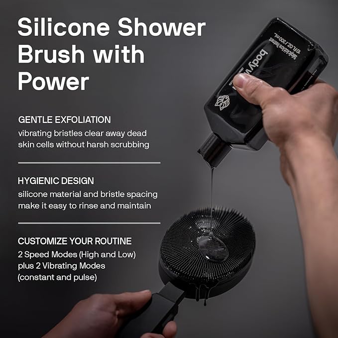 Black Wolf Body Wash & Sonic Scrubber Pro Kit for Men - Vibrating Face & Body Brush with Charcoal Powder Shower Gel, Water Resistant Massage Brush & Salicylic Acid Body Wash, Rich Lather & Deep Clean