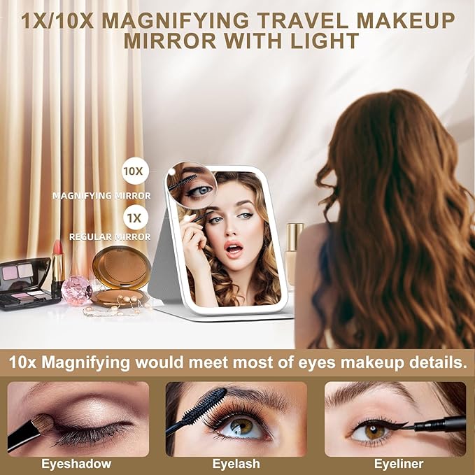 Mocado Travel Makeup Mirro with Lights, 360° Rotation Lighted Makeup Mirror, Portable Mirror with 10x Magnification, 3 Color Lightings, Dimmable Touch Screen, Tabletop Light up Mirror(Blue Leaves)