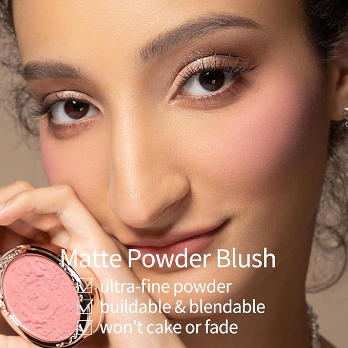 Flower Knows Strawberry Rococo Embossed Blush,Pink Matte Finish,Buildable & Blendable Makeup Blush for cheeks,Soft & Long-lasting for Girls & Women(01 Angel Chanson, 5g)