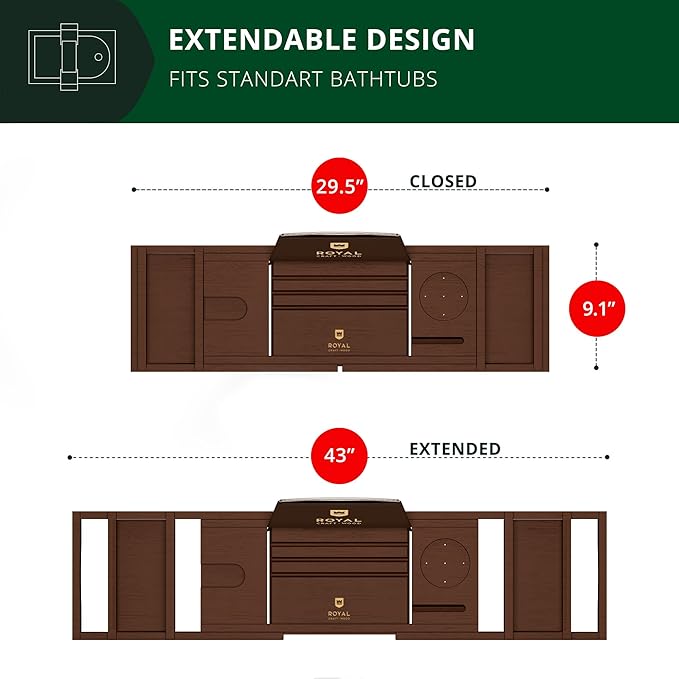 ROYAL CRAFT WOOD Non-Foldable Bathtub Tray - Wood Bath Tray for Tub, Bamboo Bathtub Shelf, Expandable Bath Table Tray, Luxury Bathtub & Bathroom Accessories for New Home & Unique Gift for Women