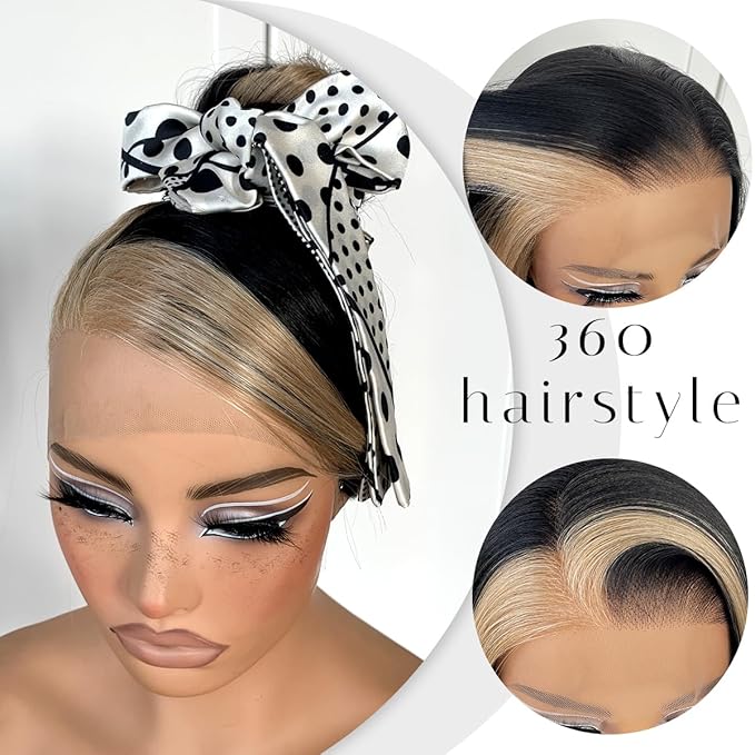 360 Skunk Srtipe Lace Front Wig Pre-Plucked Straight HD Glueless Lace Front Wig Synthetic Highlights Long Straight Lace Front Wig 32inch