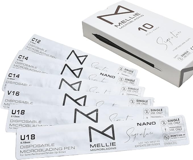 M PACK Of 10 Mellie's Signature Microblading Disposable Pen - U SHAPE .18mm - Sterile - Sharp Blade & Non Slip Grip With Pigment Sponge - 18U Microblading Needles