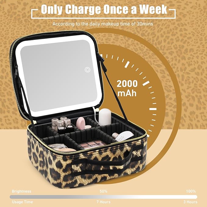 Makeup Bag with Magnetic Detachable Lighted Mirror, Travel Makeup Bag with Mirror 360° Angle, PU Leather Makeup Organizer Bag with Mirror and Lights, Portable Cosmetic Case Accessories Train Case Gift