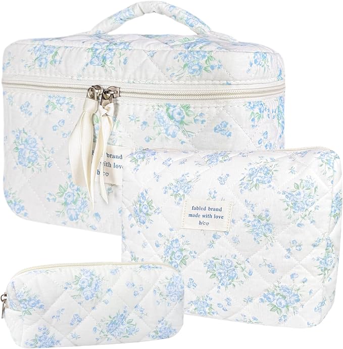 3Pcs Cotton Quilted Makeup Bag for Women Girls, Large Floral Cosmetic Bag Set Cute Makeup Brushes Aesthetic Accessories Storage Bag Blue Rose Flower Travel Toiletry Bag Organizer