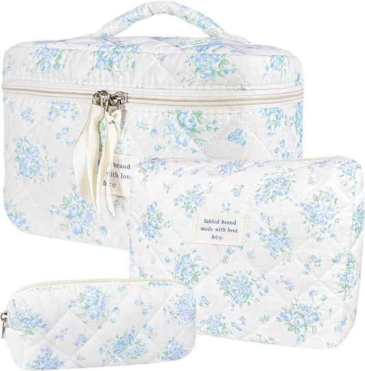 3Pcs Cotton Quilted Makeup Bag for Women Girls, Large Floral Cosmetic Bag Set Cute Makeup Brushes Aesthetic Accessories Storage Bag Blue Rose Flower Travel Toiletry Bag Organizer