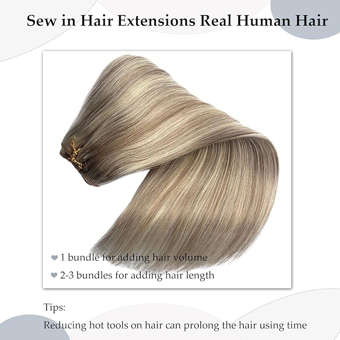 Sew in Hair Extensions Real Human Hair,Ubetta Hand Tied Weft Hair Extensions Human Hair Ash Brown Balayage Platinum Blonde Shades 12 Inch 80G Human Hair Weft Extensions Sew in Weave Bundles