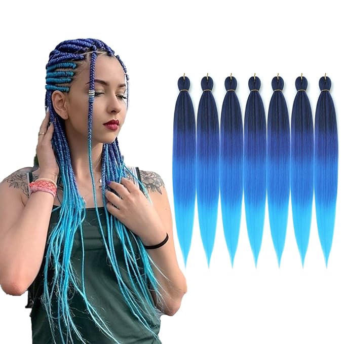 36'' Ombre Pre Stretched Braiding Hair Yaki Texture Crochet Braid Hair Extensions 4 Tones Braiding Hair Pre Stretched (7packs,1b/purple/blue/l.blue)