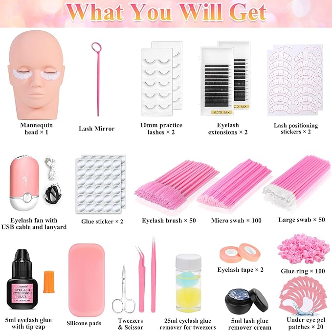 EyeLash Extension Kit for Beginners, Professional Lash EyeLash Extension Practice Kit with Everything, Mannequin Head, Eye Lashes Glue, Lash Kit for Eyelash Extensions Beginners Training