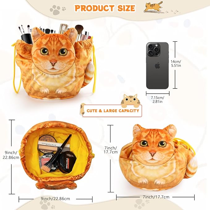 Drawstring Makeup Bag - Travel Organizer, Cosmetic Pouch, Cat Gift for Women, Lay Flat Bag for Cat Lovers
