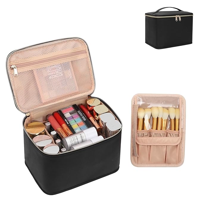OCHEAL Travel Makeup Bag, Large Make up Bag Organizer Cosmetic Case with Detachable Brush Divider and Multi-purpose Comparement,Waterproof Portable for Toiletry Accessories Makeup Tools-Black