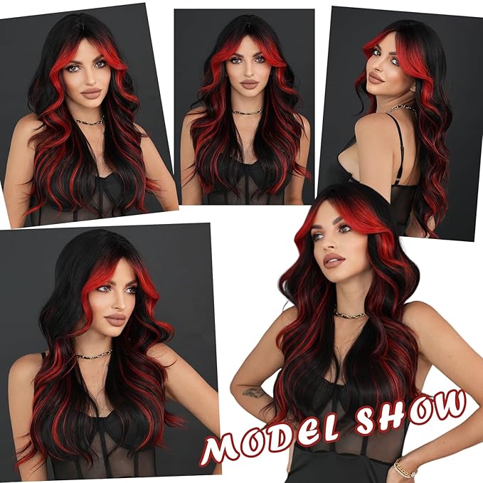 Black Red Highlight Long Wavy Wig with Curtain Bang 26 Inch Red Black Ombre Synthetic Heat Resistant with Dark Root Wig for Women Daily Party used.
