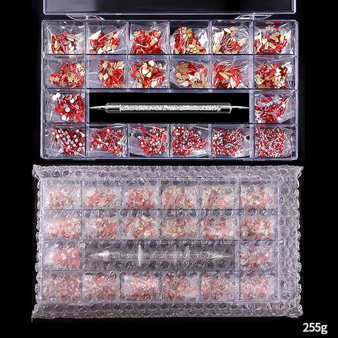 3100Pcs Nail Crystal Rhinestones Kit, Mix Shapes AB Glass, 3D Diamonds Flatback Crystals, with a Drill Pen, Nail Crystal Non Hotfix, Nail Art Decoration(Red)