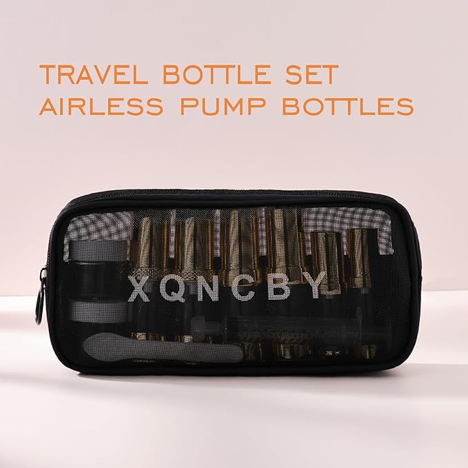 golden airless pump bottle with travel bag set with labels empty refillable cosmetic pump travel size containers hair oil, lotion and other liquids 5ml 10ml 15g(12 Packs)