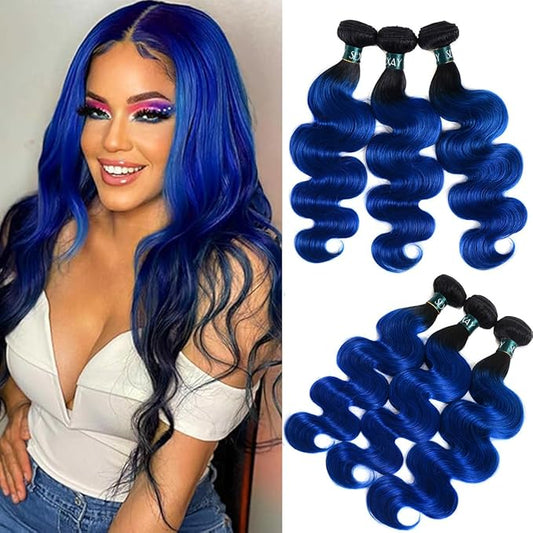Ombre Blue Bundles Hair Body Wave Brazilian Virgin Human Hair 3Bundles 1b/blue Body Wave Unprocessed 2 Tone Blue Virgin Bundles for Women (141618, Body 1b/Blue)