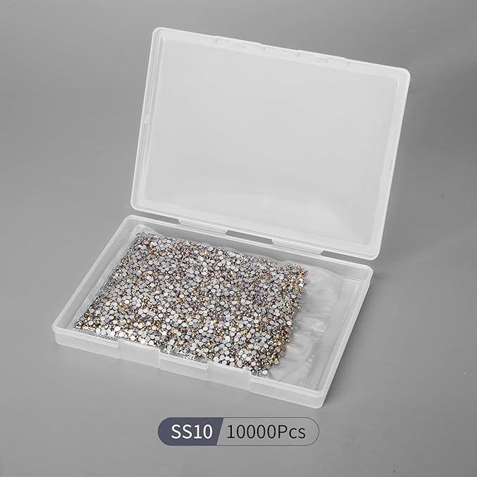 10000PCS Gold Rhinestones Bulk, Flat Back Crystal Glass Stone Round Gems,SS10, 2.7-2.9mm