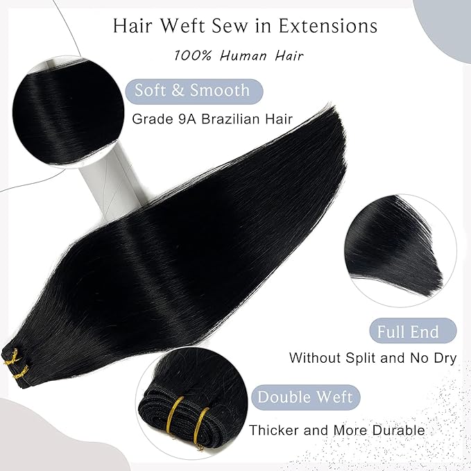 Sew in Hair Extensions Real Human Hair, Jet Black Weft Hair Extensions Human Hair Bundles 22 Inch 120G Hand-Tied Weft Hair Extensions Weave Bundles Human Hair Extensions for Women