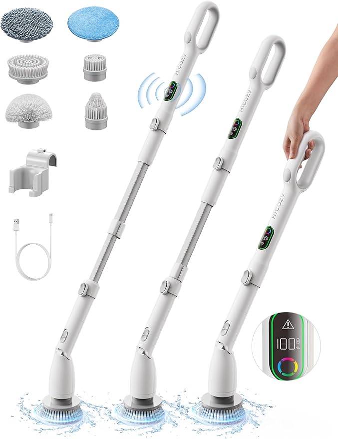 HiCOZY Electric Spin Scrubber HS1 Pro, Shower Scrubber with 2024 New Upgraded Voice Prompt LED Smart Display, Cleaning Brush with 4 Adjustable Speeds, 6 Replaceable Brush Heads Light White