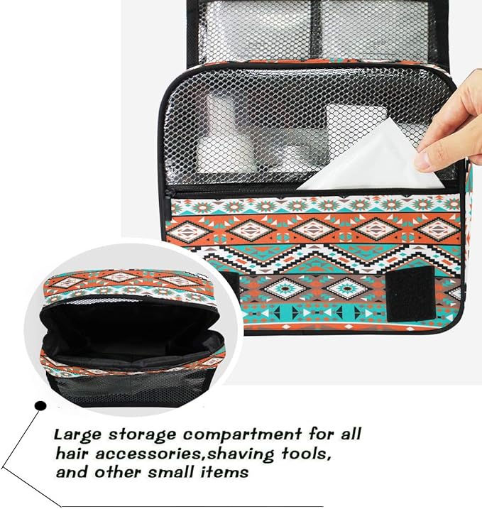 Hanging Toiletry Bag Ethnic Aztec Geometric Portable Travel Cosmetic Makeup Bag Bathroom Shower Shaving Kit Organizer Bag for Men Women