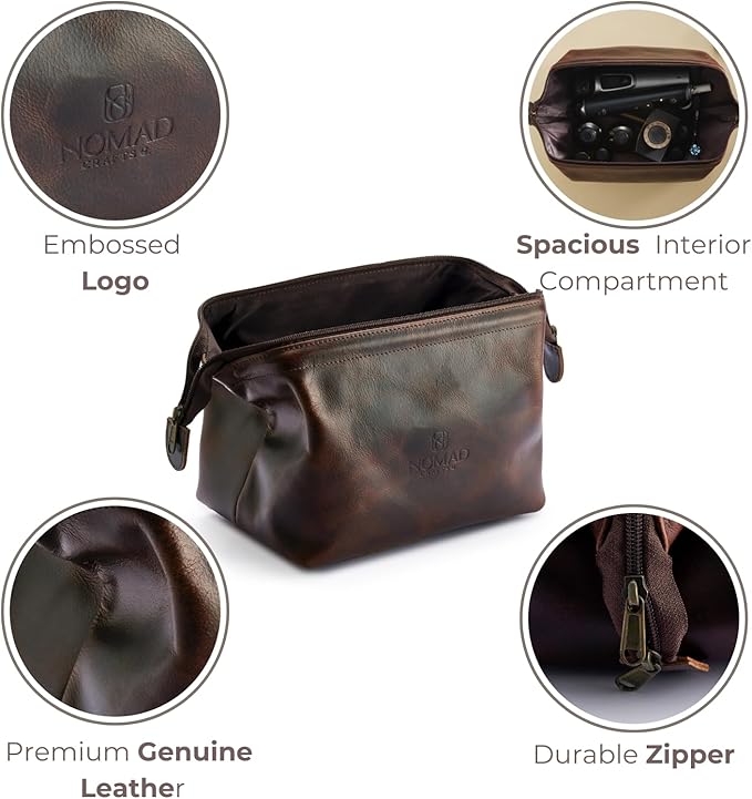 Premium Leather Travel Toiletry Bag, King-Size Dopp Kit with Waterproof Lining, For Men and Women