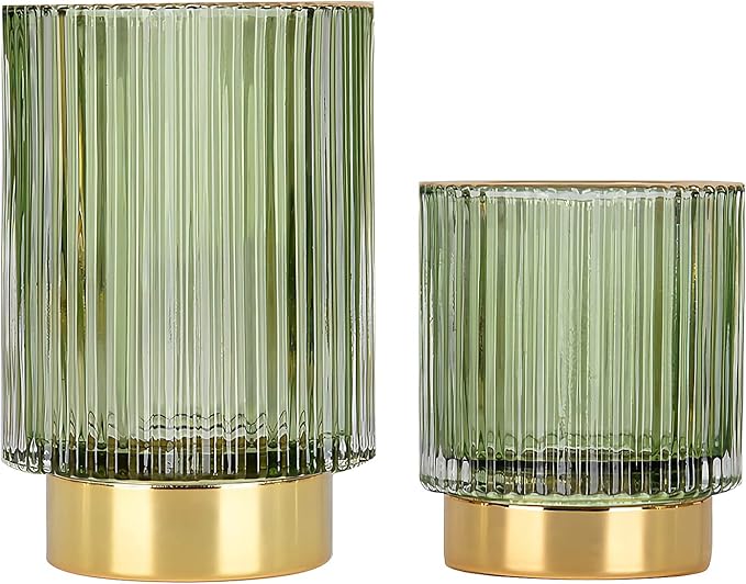 DASITON Makeup Brush holder Organizer,Crystal Cosmetic Glass Storage Holder, Vintage Make Up Brush Cup Pen Pencil Holder striped vase(Green S+L