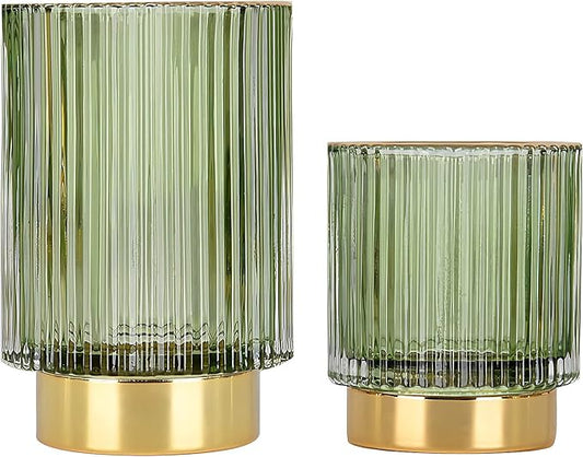 DASITON Makeup Brush holder Organizer,Crystal Cosmetic Glass Storage Holder, Vintage Make Up Brush Cup Pen Pencil Holder striped vase(Green S+L