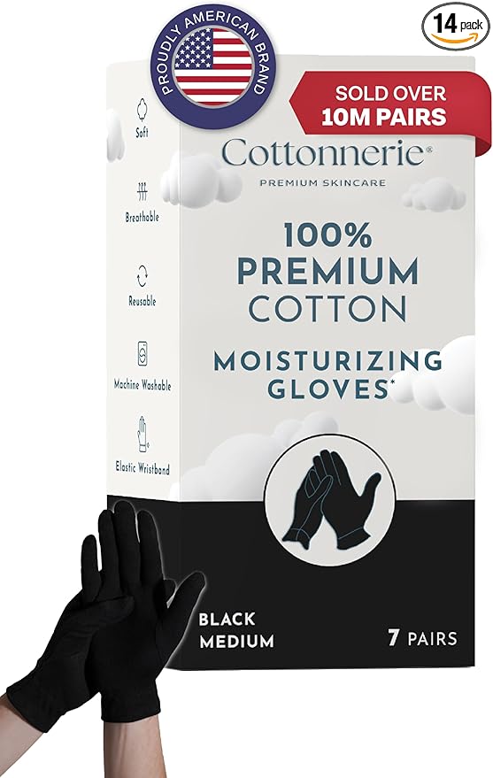 Cotton Gloves for Dry Hands Sleeping, Moisturizing Gloves Overnight, Hand Moisturizer Gloves, Moisture Gloves for Dry Hands Overnight, Eczema Gloves, Medium 7 Pair, Black