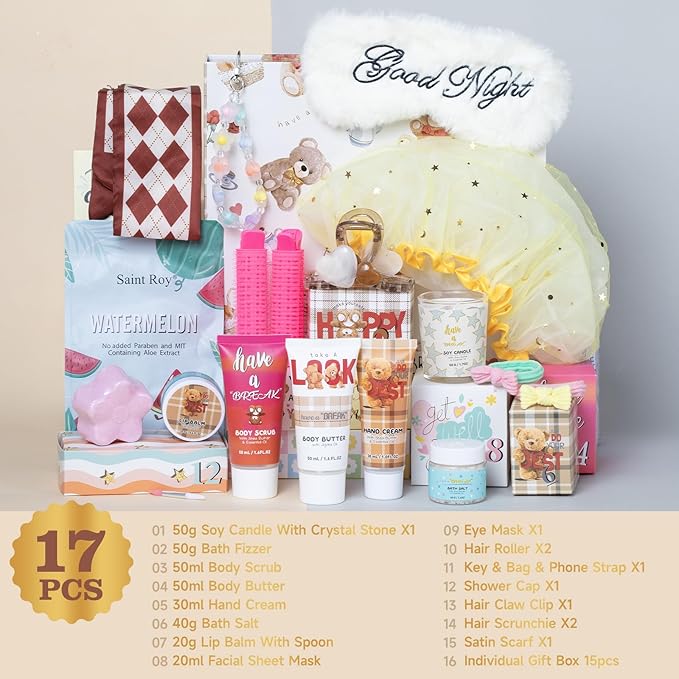 Mother's Day Gifts Luxury Surprise Bath & Body Box Beauty Advent Calendar, 17-Pcs Spa Gift Set with Hand Creams, Mask Gift Basket for Women Beauty Bath surprise box for adults Teens Girls