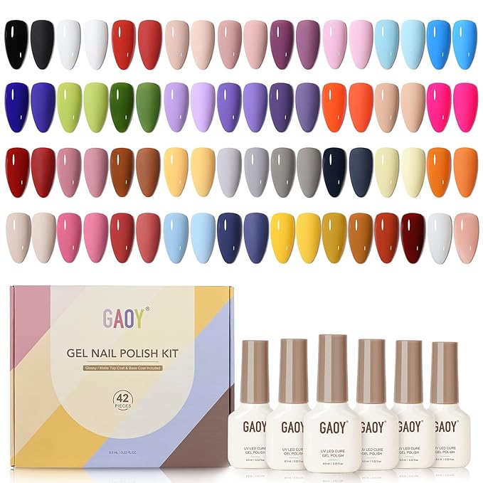 GAOY 42 Pcs Gel Nail Polish Kit, All Seasons Gel Nail Polish Set with Glossy & Matte Top Coat and Base Coat, with Medium Stiletto Fake Nail Tips, 360Pcs Matte Soft Gel X Nail Tips