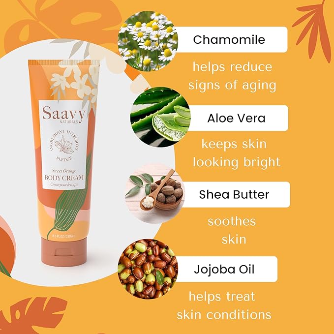 Saavy Naturals Sweet Orange Body Cream for Women, Absorbent Shea Butter Vegan Formula for Women, Thick and Creamy, Naturally Scented Body Lotion for Dry Skin, 8.5 Oz, 2 Pack