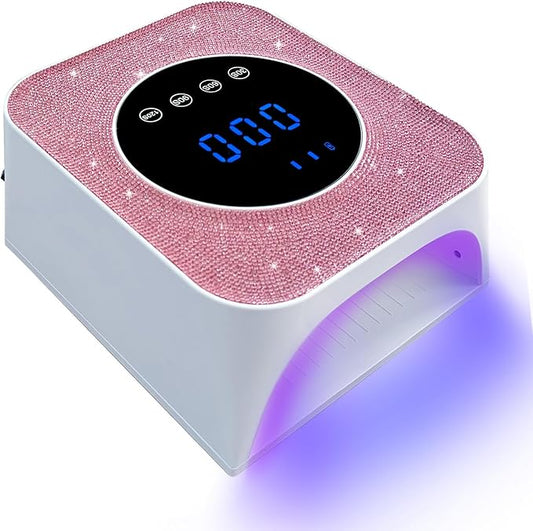 UV Nail Lamp, 72W Rechargeable LED Gel Nail Light Dryer for Gel Polish 4 Timer Modes Cordless Bling Pink Diamond Rhinestones for Salon & Home