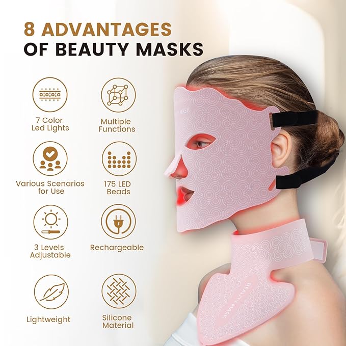 Red Light Therapy for Face and Neck, Led Face Mask Light Therapy, 7 Colors Light Therapy for Face & Neck, Red Light Therapy Mask for Skin Improve, Firm and Sooth, Professional Skin Care at Home