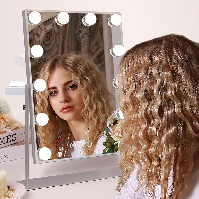 COOLJEEN Makeup Mirror Vanity Mirror with Lights - 12 Led Bulbs Lighted Hollywood Mirror, 10X Magnification,3 Color Modes, Touch Control, Women Gift (White)