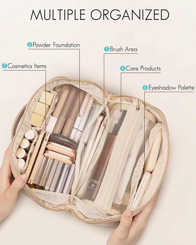 Vlando Makeup Organizer Bag,Mothers Day Gifts,Travel Makeup Bag for Women Waterproof Portable Make up Bag PU Leather Open Flat Cosmetic Bag for Travel Essentials, Gifts for Women(Toffee)